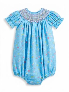 Classic Whimsy Blue Polka Dot Smocked Baby Bubble Romper - Size 3